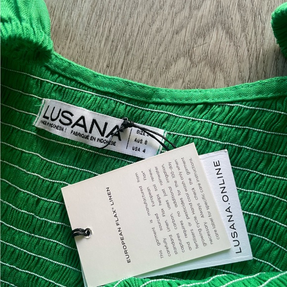 lusana eddie jade green shirred flare short sleeve midi linen dress size small - Picture 4 of 4